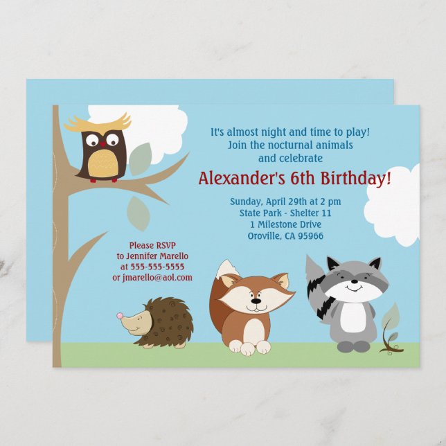 Nocturnal Forest Animals 5x7 Birthday Invitation (Front/Back)