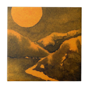 Nocturnal full hunter's moon on mountains and lake ceramic tile