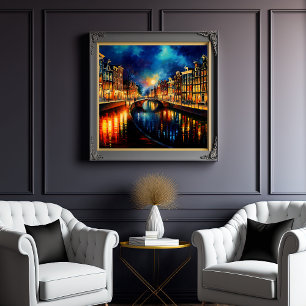 Nocturnal Reverie: Amsterdam's Moonlit Canals Poster