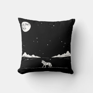 Nocturnal Wolf Moonlit Landscape Illustration Cushion