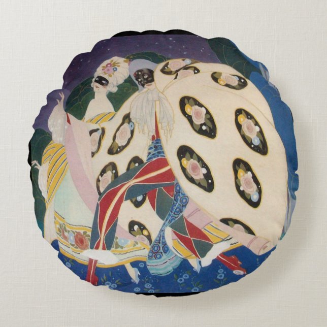 NOCTURNE WITH MASKS / Art Deco Venetian Masquerade Round Cushion (Front)