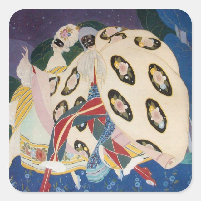 NOCTURNE WITH MASKS / Art Deco Venetian Masquerade Square Sticker (Front)