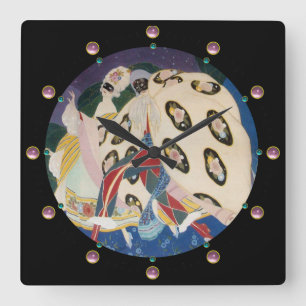NOCTURNE WITH MASKS / Art Deco Venetian Masquerade Square Wall Clock