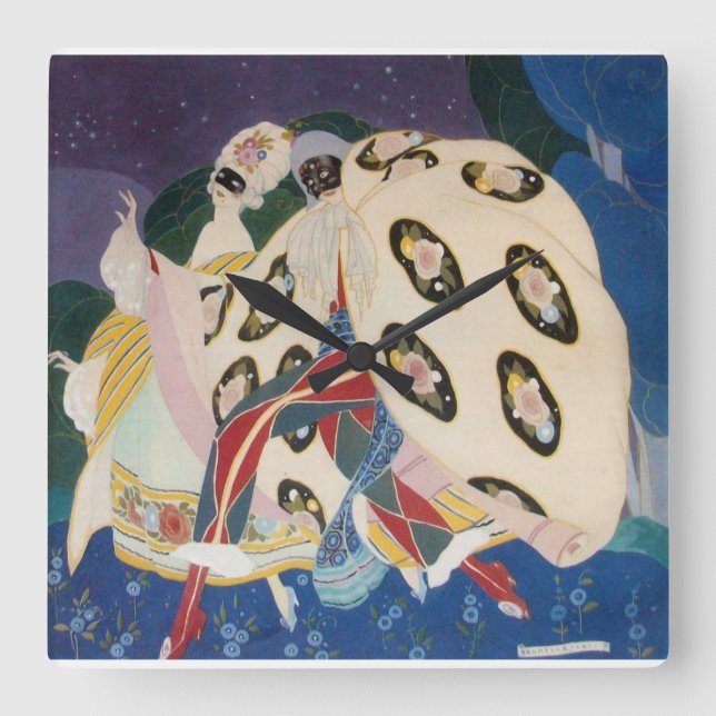 NOCTURNE WITH MASKS / Art Deco Venetian Masquerade Square Wall Clock (Front)