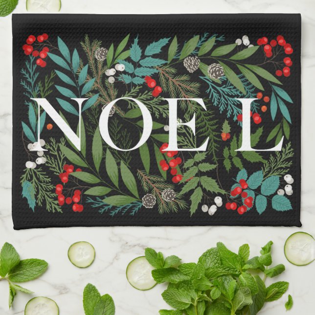 NOEL and Greenery Black Tea Towel (Folded)