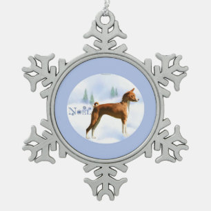 Noel Basenji Keychain Snowflake Pewter Christmas Ornament