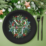 NOEL Berries Greenery Christmas Black Paper Plate<br><div class="desc">The word NOEL and your name among winter leaves and berries on a black background (or any color),  these paper plates are elegant for any holiday Christmas occasion. MATCHING items in our store.</div>
