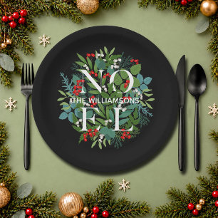 NOEL Berries Greenery Christmas Black Paper Plate