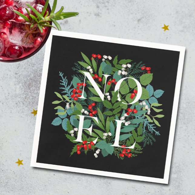 NOEL Berries Greenery on Black Christmas Napkin (Creator Uploaded)