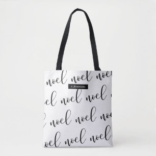 Noel   Black and White Christmas Script with Name Tote Bag