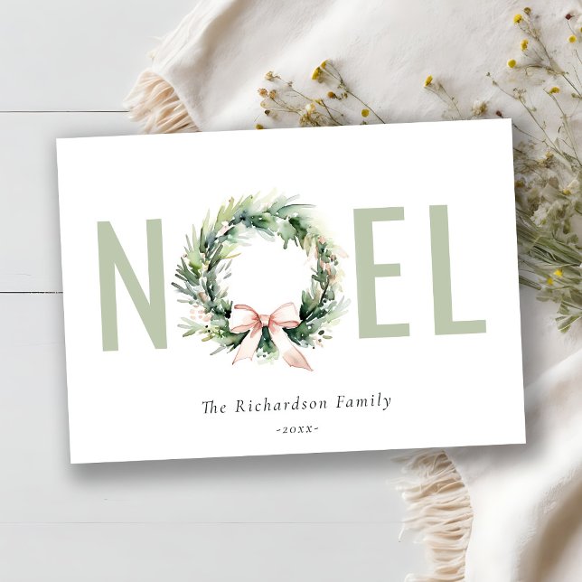 Noel Blush Green Christmas Wreath Watercolor Holiday Card (Creator Uploaded)