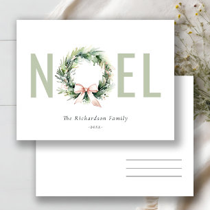 Noel Blush Green Christmas Wreath Watercolor Holiday Postcard