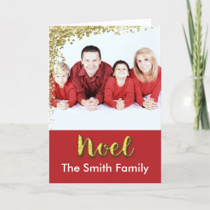 Noel Christmas Gold on Red Custom Photo & Name Car Holiday Card