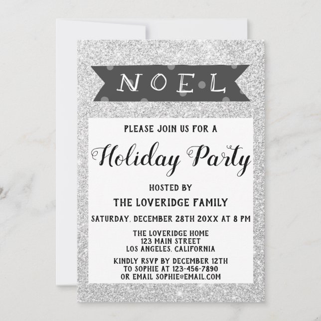 Noel Christmas Holiday Party Grey Silver Glitter Invitation (Front)