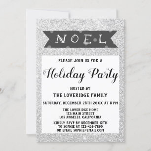Noel Christmas Holiday Party Grey Silver Glitter Invitation