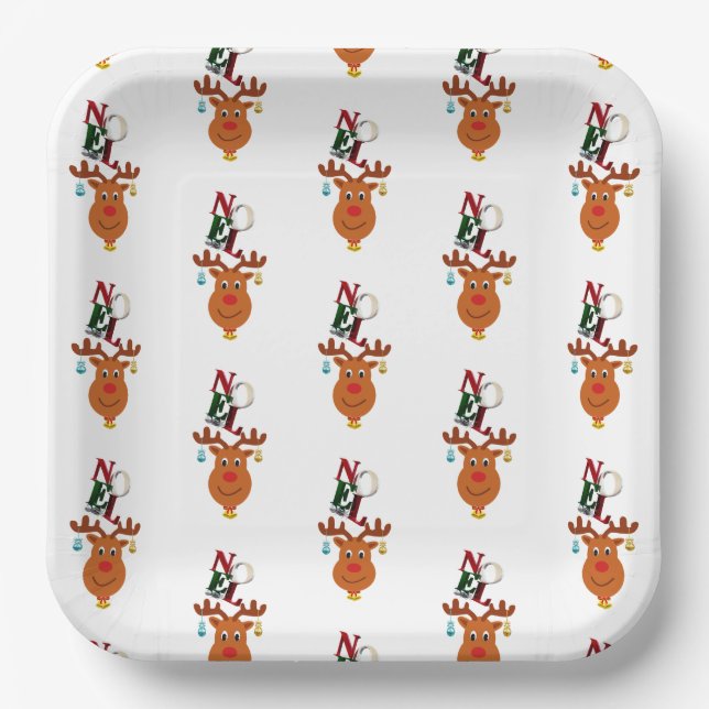 Noel Deer Bells Bauble Rudolf Snowflakes Christmas Paper Plate (Front)