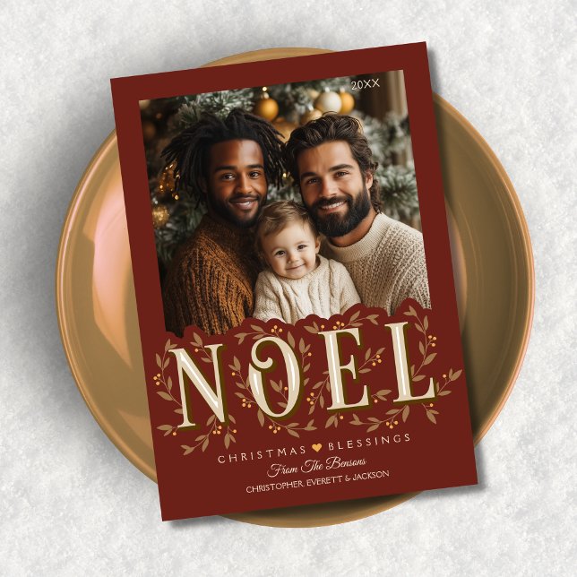 Noel Elegant Red Photo Christmas Card (Shown on a 5" x 7" card)