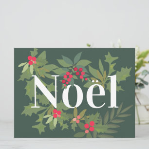 Noel evergreen leaves and berries holiday card