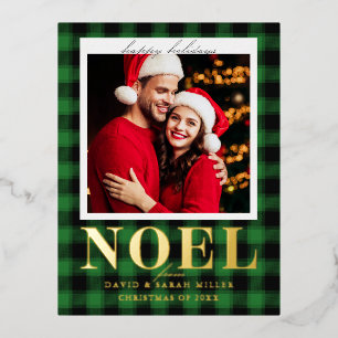 Noel Festive Green Plaid Pattern Christmas Foil Holiday Postcard
