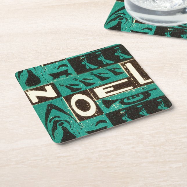 Noel Green Block Print Square Paper Coaster (Angled)