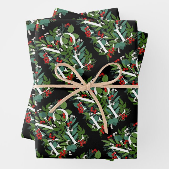 NOEL Greenery and Berries Christmas Wrapping Paper Sheet (In situ)
