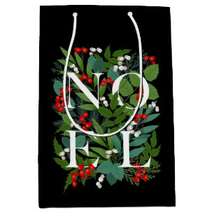 NOEL Greenery Berries Christmas Black Medium Gift Bag