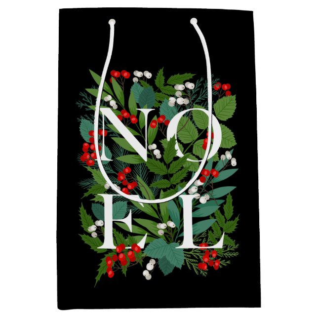 NOEL Greenery Berries Christmas Black Medium Gift Bag (Front)
