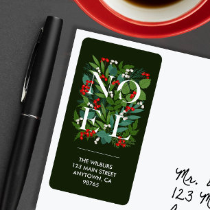 NOEL Greenery Berries Dark Green Return Address Label