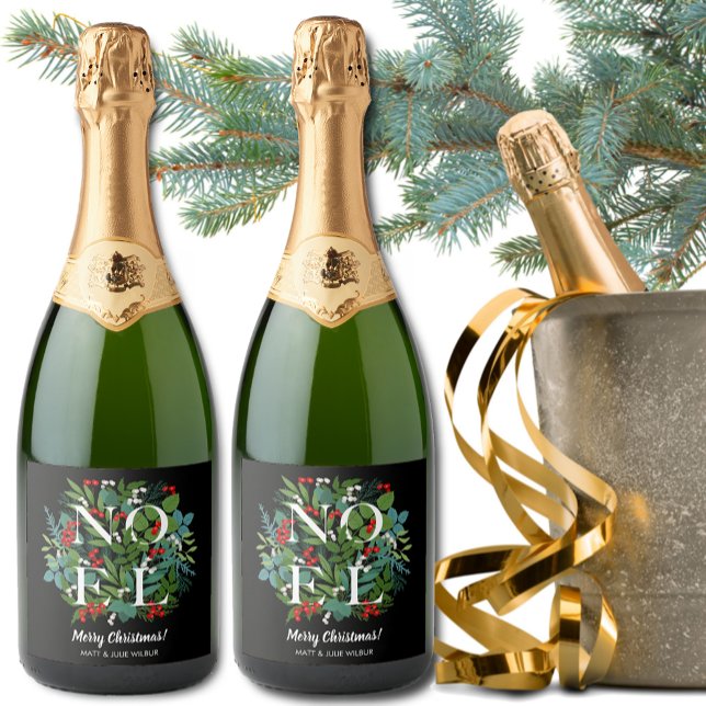 NOEL Greenery Berries Holiday Sparkling Wine Label (Creator Uploaded)