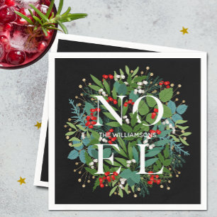 NOEL Greenery on Black Christmas Napkin