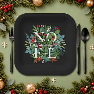 NOEL Greenery Personalised Black Christmas Paper Plate