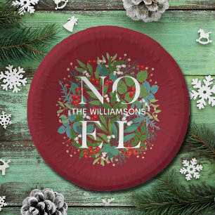 NOEL Greenery Personalised Red Christmas Paper Plate