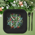 NOEL Greenery Personalized Black Christmas Paper Plate<br><div class="desc">The word NOEL and your name among winter leaves and berries on a black background (or any color),  these square paper plates are elegant for any holiday Christmas occasion. MATCHING items in our store.</div>