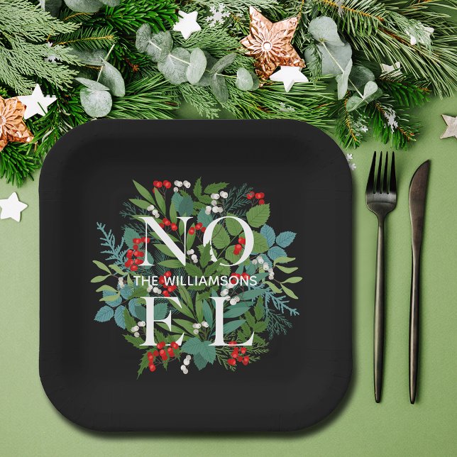 NOEL Greenery Personalized Black Christmas Paper Plate (Creator Uploaded)