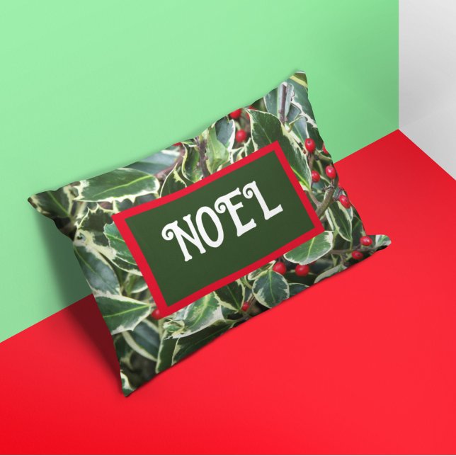 Noel Holly Leaves and Red Berries Holiday Decorative Cushion (In Situ)
