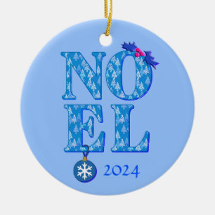 NOEL in a Blue Christmas Tree Pattern  Ceramic Ornament