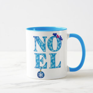 NOEL in a Blue Christmas Tree Pattern Mug