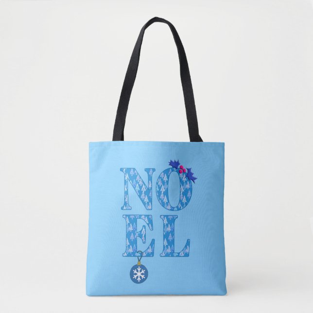 NOEL in a Blue Christmas Tree Pattern Tote Bag (Front)