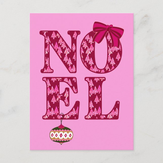 NOEL in a Burgundy Christmas Tree Pattern Holiday Postcard (Front)
