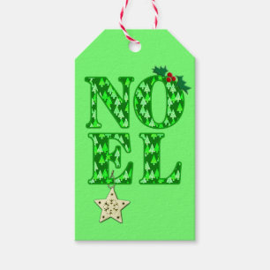 NOEL in a Green Christmas Tree Pattern Gift Tags