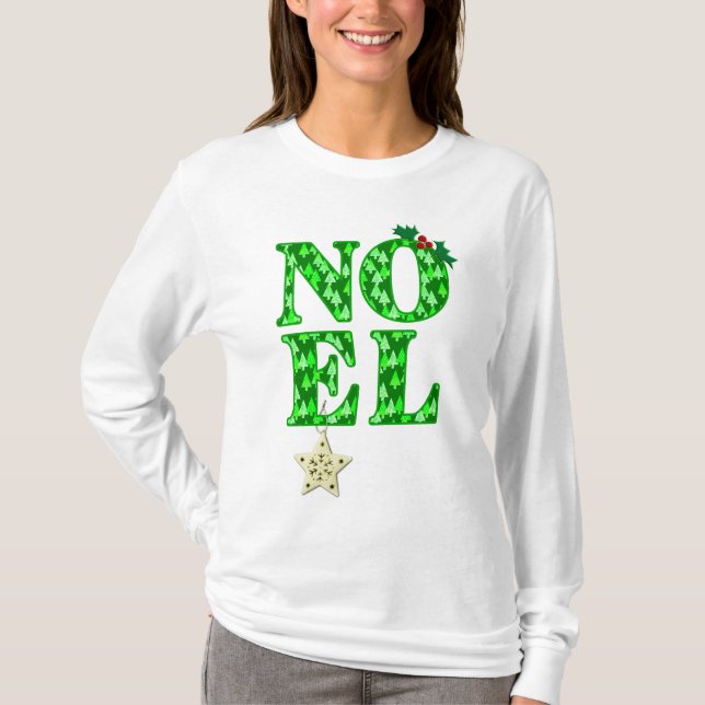 NOEL in a Green Christmas Tree Pattern  T-Shirt (Front)