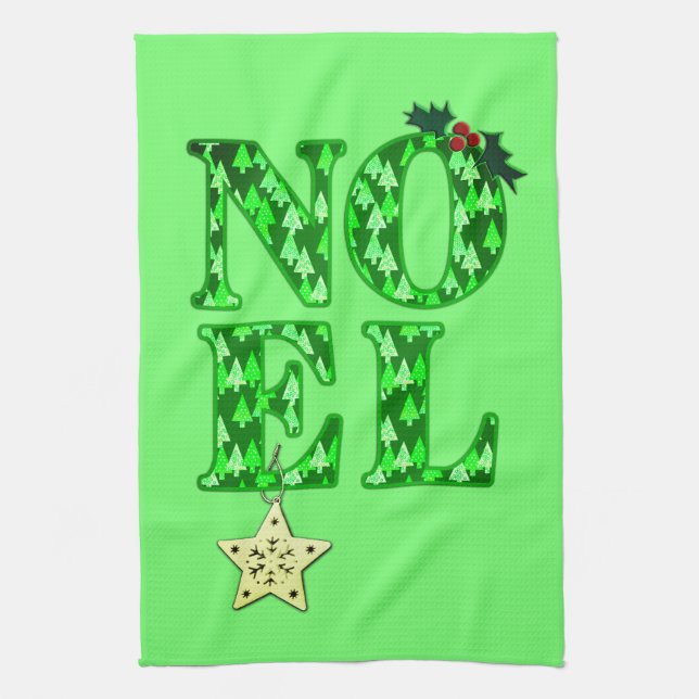 NOEL in a Green Christmas Tree Pattern Tea Towel (Vertical)