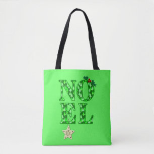 NOEL in a Green Christmas Tree Pattern Tote Bag