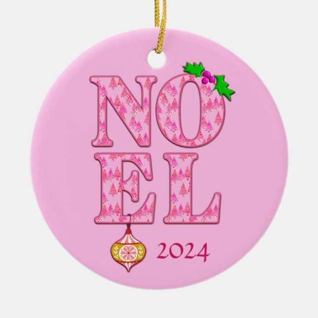 NOEL in a Pink Christmas Tree Pattern  Ceramic Ornament (Front)