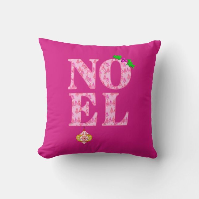 NOEL in a Pink Christmas Tree Pattern  Cushion (Front)