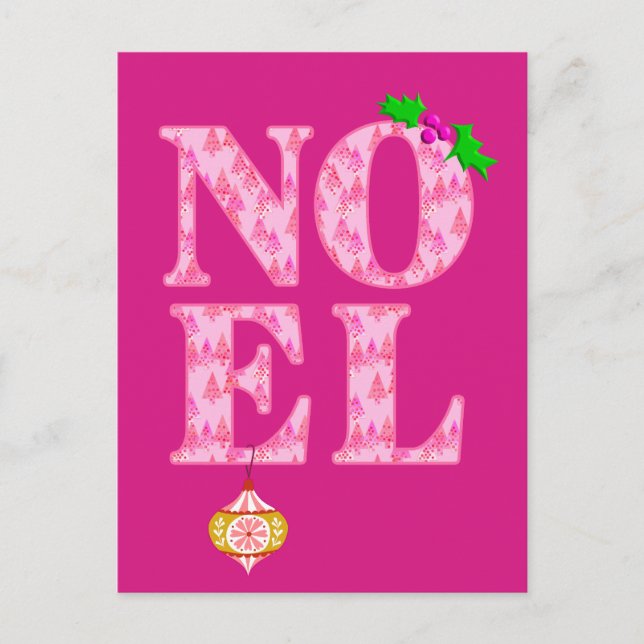 NOEL in a Pink Christmas Tree Pattern  Holiday Postcard (Front)