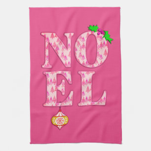 NOEL in a Pink Christmas Tree Pattern Tea Towel