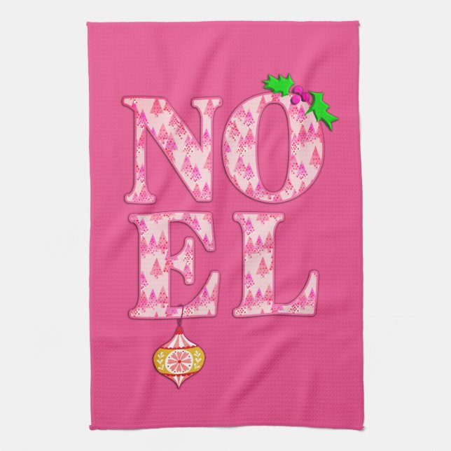 NOEL in a Pink Christmas Tree Pattern  Tea Towel (Vertical)