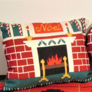 Noel Mantle Brick Fireplace Designer Crochet Print Decorative Cushion