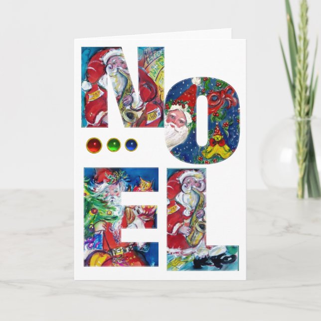 NOEL /MUSICAL XMAS PARTY,SANTA WITH CHRISTMAS TREE HOLIDAY CARD (Front)